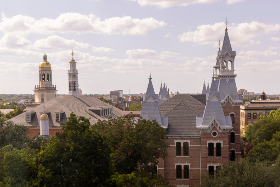 View of Burleson, Old Main, and Pat Neff Hall on Baylor University's campus from the air
